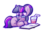 Size: 1165x826 | Tagged: safe, artist:zutcha, sci-twi, twilight sparkle, pony, unicorn, :3, cute, drink, drinking straw, eye clipping through hair, lying down, missing cutie mark, ponyloaf, prone, simple background, smiling, solo, twiabetes, unicorn sci-twi, white background