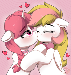 Size: 2886x3056 | Tagged: safe, artist:joaothejohn, oc, oc only, oc:marshmallow, oc:moon rose, pegasus, pony, unicorn, blushing, bow, bowtie, clothes, commission, cute, duo, duo female, ear fluff, eyes closed, female, floppy ears, folded wings, glasses, gradient background, heart, horn, hug, kiss on the lips, kissing, lesbian, mare, multicolored hair, nose wrinkle, oc x oc, pegasus oc, shipping, striped background, unicorn oc, wings