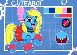 Size: 3775x2696 | Tagged: safe, artist:joaothejohn, oc, oc only, oc:cuteamena, earth pony, pony, robot, robot pony, blueprint, clothes, cute, earth pony oc, looking at you, maw, mawshot, open mouth, patterned background, raised hoof, reference sheet, ribbon, skirt, socks, tongue out