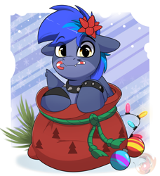 Size: 3079x3379 | Tagged: safe, artist:joaothejohn, oc, oc only, oc:proffy floyd, bat pony, hybrid, pegabat, pegasus, pony, candy, candy cane, christmas, christmas lights, christmas ornament, commission, cute, decoration, floppy ears, food, holiday, looking at you, male, mouth hold, passepartout, pegasus oc, santa sack, solo, stallion, wings, ych result