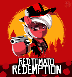 Size: 2804x3024 | Tagged: safe, artist:joaothejohn, oc, oc only, oc:flamebrush, pegasus, pony, abstract background, badass, clothes, cowboy, cowboy hat, frown, game, glare, gun, handgun, hat, looking at you, male, multicolored hair, old west, pegasus oc, red dead redemption 2, revolver, text, tree, weapon