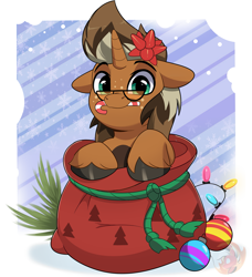 Size: 3079x3379 | Tagged: safe, artist:joaothejohn, oc, oc only, oc:macchiato, pony, unicorn, candy, candy cane, christmas, christmas lights, commission, cute, floppy ears, food, glasses, holiday, horn, looking at you, mouth hold, passepartout, santa sack, solo, unicorn oc, unshorn fetlocks, ych result