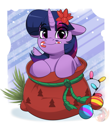 Size: 3079x3379 | Tagged: safe, alternate character, alternate version, artist:joaothejohn, twilight sparkle, alicorn, pony, g4, candy, candy cane, christmas, christmas lights, commission, cute, female, floppy ears, food, holiday, horn, looking at you, mare, mouth hold, multicolored hair, santa sack, solo, twilight sparkle (alicorn), ych result