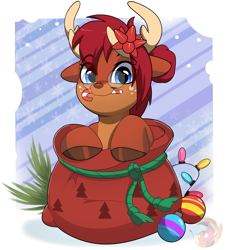 Size: 3079x3379 | Tagged: safe, artist:joaothejohn, oc, oc only, deer, candy, candy cane, christmas, christmas lights, commission, cute, deer oc, floppy ears, food, glasses, holiday, horn, looking at you, mouth hold, non-pony oc, santa sack, solo, ych result