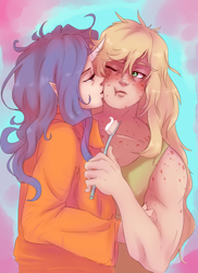 Size: 1050x1444 | Tagged: safe, artist:sundown, applejack, rarity, human, g4, cheek kiss, duo, elf ears, female, horn, horned humanization, humanized, jacqueline applebuck, juliette d'rarie, kissing, lesbian, ship:rarijack, shipping, toothbrush