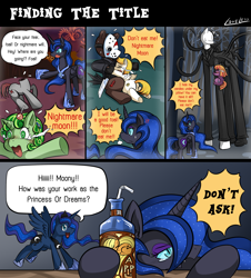 Size: 1280x1416 | Tagged: safe, artist:vavacung, applejack, nightmare moon, princess luna, alicorn, earth pony, headless horse, pegasus, pony, unicorn, comic:to love god - to love mortal, g4, comic, dream, dream walker luna, duality, female, filly, foal, headless, horn, jason voorhees, mare, mask, nicemare moon, ponified, slendermane, slenderpony, working