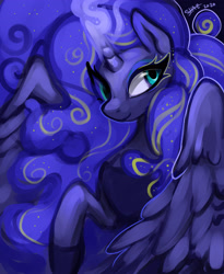 Size: 2700x3300 | Tagged: safe, artist:commander booty call, artist:shazzykatana, princess luna, alicorn, pony, g4, bust, ethereal mane, female, galaxy mane, glowing, glowing horn, horn, mare, portrait, signature, smiling, solo