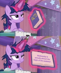 Size: 443x531 | Tagged: safe, edit, edited screencap, screencap, twilight sparkle, alicorn, pony, unicorn, a trivial pursuit, g4, my little pony: friendship is magic, bell, book, facts, female, glowing, glowing horn, horn, magic, mare, meme, messy hair, messy mane, smart, solo, twilight sparkle (alicorn), wednesday, weekend