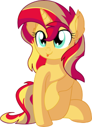 Size: 5486x7520 | Tagged: safe, artist:cyanlightning, sunset shimmer, pony, unicorn, g4, .svg available, cute, ear fluff, female, horn, mare, raised hoof, shimmerbetes, simple background, sitting, smiling, solo, tongue out, transparent background, vector