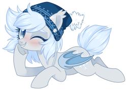 Size: 2904x2066 | Tagged: safe, artist:centchi, artist:hawthornss, oc, oc only, oc:silver puff, oc:snow puff, bat pony, pony, blushing, cute, eyeshadow, hat, looking at you, lying down, makeup, one eye closed, prone, simple background, smiling, solo, transparent background, underhoof, vector, wink