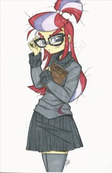 Size: 1205x1862 | Tagged: safe, artist:ponygoddess, moondancer, equestria girls, g4, book, clothes, dante's inferno, equestria girls-ified, female, glasses, looking at you, miniskirt, skirt, socks, solo, thigh highs, thigh socks, traditional art