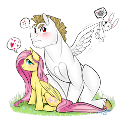 Size: 1400x1300 | Tagged: safe, artist:dragonfoxgirl, angel bunny, bulk biceps, fluttershy, pegasus, pony, rabbit, g4, animal, blushing, female, handsome hunky bulky, larger male, male, mare, overprotective, ship:flutterbulk, shipping, simple background, size difference, smaller female, stallion, straight, transparent background