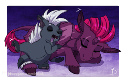 Size: 1413x936 | Tagged: safe, artist:inuhoshi-to-darkpen, grubber, tempest shadow, classical unicorn, hedgehog, pony, unicorn, g4, my little pony: the movie, behaving like a dog, broken horn, cloven hooves, drool, duo, eye scar, eyes closed, facial scar, female, horn, leonine tail, male, mare, open mouth, scar, sleeping, tail, unshorn fetlocks