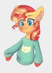 Size: 1692x2376 | Tagged: safe, artist:sannykat, sunset shimmer, pony, unicorn, g4, clothes, cute, ear fluff, female, gravity falls, gray background, horn, looking at you, male, mare, shimmerbetes, simple background, smiling, solo, sweater