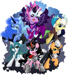 Size: 2900x3200 | Tagged: safe, artist:geraritydevillefort, applejack, discord, fluttershy, king sombra, lord tirek, nightmare moon, pinkie pie, queen chrysalis, rainbow dash, rarity, sci-twi, twilight sparkle, pony, equestria girls, g4, clothes, cosplay, costume, female, mane six, mare, midnight sparkle, redraw, simple background, transparent background