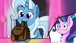 Size: 1400x800 | Tagged: safe, artist:lunelsa, starlight glimmer, trixie, pony, unicorn, g4, my little pony: friendship is magic, to where and back again, :<, bag, blushing, cute, diatrixes, female, horn, lesbian, mare, mouth hold, saddle bag, scene interpretation, ship:startrix, shipping, to saddlebags and back again