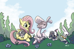 Size: 3600x2400 | Tagged: safe, artist:lytlethelemur, angel bunny, fluttershy, pom (tfh), dog, lamb, pegasus, pony, sheep, them's fightin' herds, g4, cloven hooves, community related, crossover, eyes closed, female, folded wings, grass, group, lying down, mare, prone, puppy, quartet, smiling, talking, tree, wings