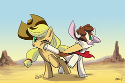 Size: 1800x1200 | Tagged: safe, artist:lytlethelemur, applejack, arizona (tfh), cow, earth pony, pony, them's fightin' herds, g4, cloven hooves, community related, cowboy hat, cross counter, crossover, desert, female, fight, hat, impact, kick, mare