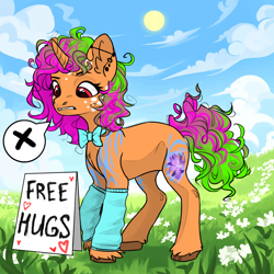 Size: 1024x1024 | Tagged: safe, artist:princess ice color twinkle, oc, oc only, unnamed oc, pony, unicorn, avatar maker fantasy pony, bowtie, clothes, ear piercing, earring, female, freckles, free hugs, gritted teeth, horn, industrial piercing, jewelry, leg warmers, mare, necklace, outdoors, pictogram, piercing, red eyes, socks, solo, speech bubble, tail, teeth, two toned mane, two toned tail, unicorn oc, unshorn fetlocks