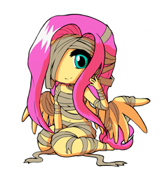 Size: 1277x1400 | Tagged: safe, artist:khuzang, artist:reikosketch, fluttershy, pegasus, anthro, g4, ambiguous facial structure, bandage, belly, belly button, clothes, collaboration, costume, cute, female, halloween, holiday, midriff, mummy, no nose, shyabetes, simple background, smiling, solo, white background