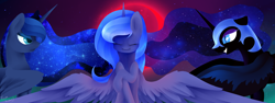 Size: 2724x1024 | Tagged: safe, artist:kebchach, nightmare moon, princess luna, alicorn, pony, g4, blood moon, crown, ethereal mane, eyes closed, female, helmet, horn, jewelry, lunar trinity, mare, moon, regalia, s1 luna, slit pupils, spread wings, triality, trio, trio female, wings