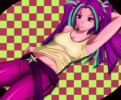 Size: 1500x1250 | Tagged: safe, artist:kuya64, aria blaze, human, equestria girls, g4, armpits, belly, breasts, checkered background, cleavage, clothes, female, lying down, midriff, on back, pigtails, sassy, solo, tank top, twintails