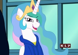 Size: 1700x1200 | Tagged: safe, artist:artattax, princess celestia, alicorn, pony, g4, carlos ramón, clothes, crown, female, grin, hoodie, jewelry, lidded eyes, magic school bus, mare, meme, open mouth, parody, regalia, shit eating grin, smiling, smirk, solo, tlc