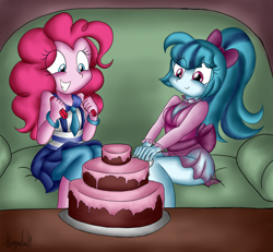 Size: 1350x1250 | Tagged: safe, artist:queentigrel, pinkie pie, sonata dusk, equestria girls, g4, bow, cake, candle, clothes, couch, duo, food, hair bow, see-through, sleeping pills