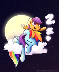 Size: 1200x1474 | Tagged: safe, artist:davidmryan, rainbow dash, scootaloo, pegasus, pony, g4, backlighting, cloud, female, filly, foal, mare, onomatopoeia, scootalove, sleeping, sound effects, surreal, zzz