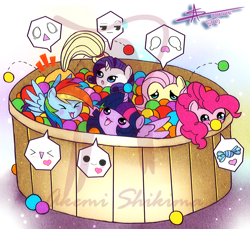 Size: 1200x1100 | Tagged: safe, artist:akemishikima, artist:shikimaakemi, applejack, fluttershy, pinkie pie, rainbow dash, rarity, twilight sparkle, alicorn, earth pony, pegasus, pony, unicorn, g4, ball pit, female, horn, mare, my little squishy, obtrusive watermark, twilight sparkle (alicorn), watermark