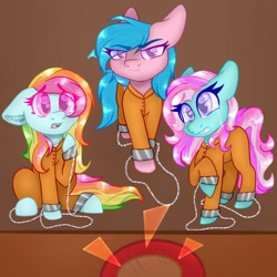 Size: 2048x2048 | Tagged: safe, artist:kittycocoa69, firefly, minty, rainbow dash (g3), g1, g3, clothes, commissioner:rainbowdash69, courtroom, crying, grumpy, jumpsuit, never doubt rainbowdash69's involvement, pouting, prison outfit, prisoner, sad, shirt, undershirt