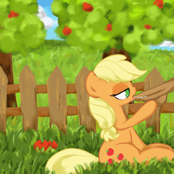 Size: 3000x3000 | Tagged: safe, artist:widelake, applejack, earth pony, pony, g4, apple, apple tree, drink, drinking, female, fence, mare, misleading thumbnail, outdoors, sitting, solo, tree