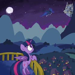 Size: 3000x3000 | Tagged: safe, artist:widelake, princess luna, twilight sparkle, alicorn, pony, g4, balcony, canterlot, duo, duo female, female, leaning, mare, moon, night, outdoors, ponyville, twilight sparkle (alicorn), twilight's castle