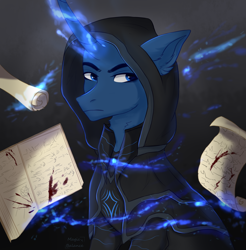 Size: 1820x1847 | Tagged: safe, artist:vitani, oc, oc only, pony, unicorn, book, clothes, curved horn, hood, horn, magic, male, scroll, solo, stallion, telekinesis