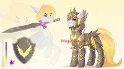 Size: 3569x2000 | Tagged: safe, artist:vitani, oc, oc only, earth pony, pony, armor, ear fluff, helmet, male, open mouth, reference sheet, scar, stallion, sword, weapon