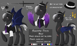 Size: 2886x1744 | Tagged: safe, artist:vitani, oc, oc only, oc:shadow dash, alicorn, bat pony, bat pony alicorn, pony, bat wings, claws, clothes, ear piercing, ear tufts, earring, hat, horn, jewelry, magic, male, necktie, piercing, reference sheet, solo, stallion, sword, waistcoat, weapon, wings