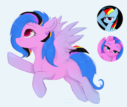 Size: 2352x1980 | Tagged: safe, artist:vitani, rainbow dash, oc, pegasus, pony, g4, alternate mane color, blushing, female, flying, looking at you, mare, seductive, simple background, smiling, solo, spread wings, white background, wings