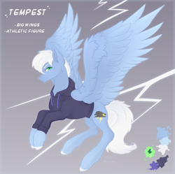 Size: 4020x4000 | Tagged: safe, artist:vitani, oc, oc only, oc:tempest, pegasus, pony, clothes, concave belly, flying, hoodie, lightning, male, solo, spread wings, stallion, wings