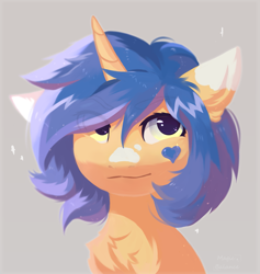 Size: 1893x2000 | Tagged: safe, artist:vitani, oc, oc only, pony, unicorn, bust, chest fluff, eyebrows, eyebrows visible through hair, female, gray background, horn, mare, portrait, simple background, smiling, solo