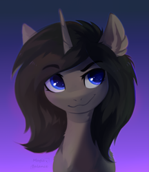 Size: 1587x1835 | Tagged: safe, artist:vitani, oc, oc only, pony, unicorn, bust, ear fluff, eyebrows, eyebrows visible through hair, female, gradient background, horn, mare, smiling, solo