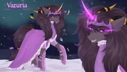 Size: 3500x2000 | Tagged: safe, artist:vitani, oc, oc only, oc:vazuria, pony, unicorn, armor, cloak, clothes, fangs, horn, horns, male, smiling, snow, snowfall, solo, sombra eyes, stallion