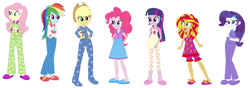 Size: 1280x452 | Tagged: safe, artist:diana173076, artist:selenaede, applejack, fluttershy, pinkie pie, rainbow dash, rarity, sunset shimmer, twilight sparkle, human, equestria girls, g4, alternate universe, base used, clothes, female, footed sleeper, footie pajamas, humane five, humane seven, humane six, nightgown, onesie, pajamas, simple background, slippers, white background