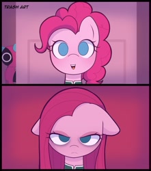 Size: 1810x2048 | Tagged: safe, artist:eltrash_art6, pinkie pie, earth pony, pony, g4, clothes, crossover, female, mare, open mouth, parody, pink guard (squid game), pinkamena diane pie, shirt, solo, squid game, squid game 2