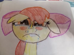 Size: 4096x3072 | Tagged: safe, artist:victoric1993, apple bloom, earth pony, pony, call of the cutie, g4, my little pony: friendship is magic, blushing, crying, female, filly, foal, high res, ribbon, solo, teary eyes, traditional art