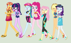 Size: 1149x695 | Tagged: safe, artist:diana173076, applejack, fluttershy, pinkie pie, rainbow dash, rarity, sci-twi, sunset shimmer, twilight sparkle, human, equestria girls, g4, applejack's beach shorts swimsuit, barefoot, base used, belly, belly button, bikini, clothes, feet, female, flip-flops, fluttershy's wetsuit, glasses, hat, humane five, humane seven, humane six, jewelry, one-piece swimsuit, piercing, pinkie pie swimsuit, rainbow dash's beach shorts swimsuit, rarity's blue sarong, rarity's purple bikini, sandals, sarong, sci-twi swimsuit, simple background, sun hat, sunset shimmer swimsuit, swimsuit, tickling, white background