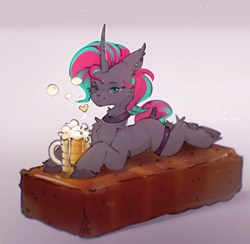 Size: 2064x2018 | Tagged: safe, artist:itssim, oc, oc only, oc:synthie glitch, bat pony, bat pony unicorn, hybrid, unicorn, alcohol, beer, beer mug, blue eyes, blushing, bread, butt blush, chest fluff, choker, curved horn, drink, drunk, drunk bubbles, ear piercing, ear tufts, earring, emanata, female, food, gift art, gradient background, horn, jewelry, leg band, lying, lying down, mare, piercing, prone, snack, solo, sploot, tail, tail wrap, unshorn fetlocks