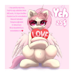 Size: 3000x3000 | Tagged: safe, artist:taiweiart, oc, alicorn, bat pony, pegasus, pony, unicorn, advertisement, any gender, any race, any species, auction, commission, commission info, heart, heart eyes, hearts and hooves day, holding heart, holiday, horn, love, pastel, pink, pink background, pink eyelashes, pink eyes, pink hair, pink mane, sale, simple background, solo, unlimited ych, valentine's day, white background, wingding eyes, yellow pony, your character here