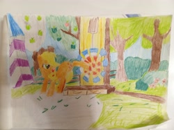 Size: 4096x3072 | Tagged: safe, artist:victoric1993, applejack, earth pony, pony, g4, my little pony: friendship is magic, apple, apple tree, bucking, bush, flower, hat, iron pony competition, solo, tent, traditional art, tree