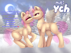 Size: 4000x3000 | Tagged: safe, artist:taiweiart, oc, alicorn, bat pony, pegasus, pony, unicorn, derpibooru, any race, any species, boop, commission, couple, cute, detailed background, full body, full shading, heart, heart eyes, hearth's warming, hearts and hooves day, horn, horns, kiss on the lips, kissing, love, meta, moon, night, night background, noseboop, pink eyes, pink hair, pink mane, pone, snow, tags, unlimited ych, wide eyes, wingding eyes, wings, winter, yellow pony, your character here