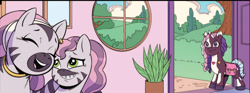 Size: 776x289 | Tagged: safe, artist:yancey labat, idw, official comic, mariama, skye, violette rainbow, pony, unicorn, zebra, g5, my little pony: skye's secret, bag, braces, cropped, door, doorway, ear piercing, eyes closed, female, filly, foal, grin, horn, mother and child, mother and daughter, open mouth, open smile, piercing, potted plant, saddle bag, smiling, tail, trio, trio female, unshorn fetlocks, vitiligo, window